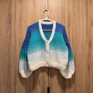 Handmade Blue Gradient Wool Blend Button Up V-Neck Chunky Knit Cardigan